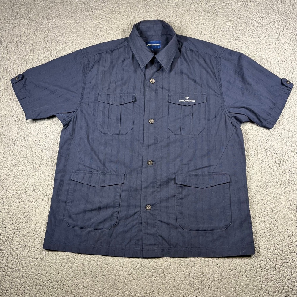 Mario Valentino Safari Shirt Men L Short Sleeve Pockets Stripe Navy Blue Utility
